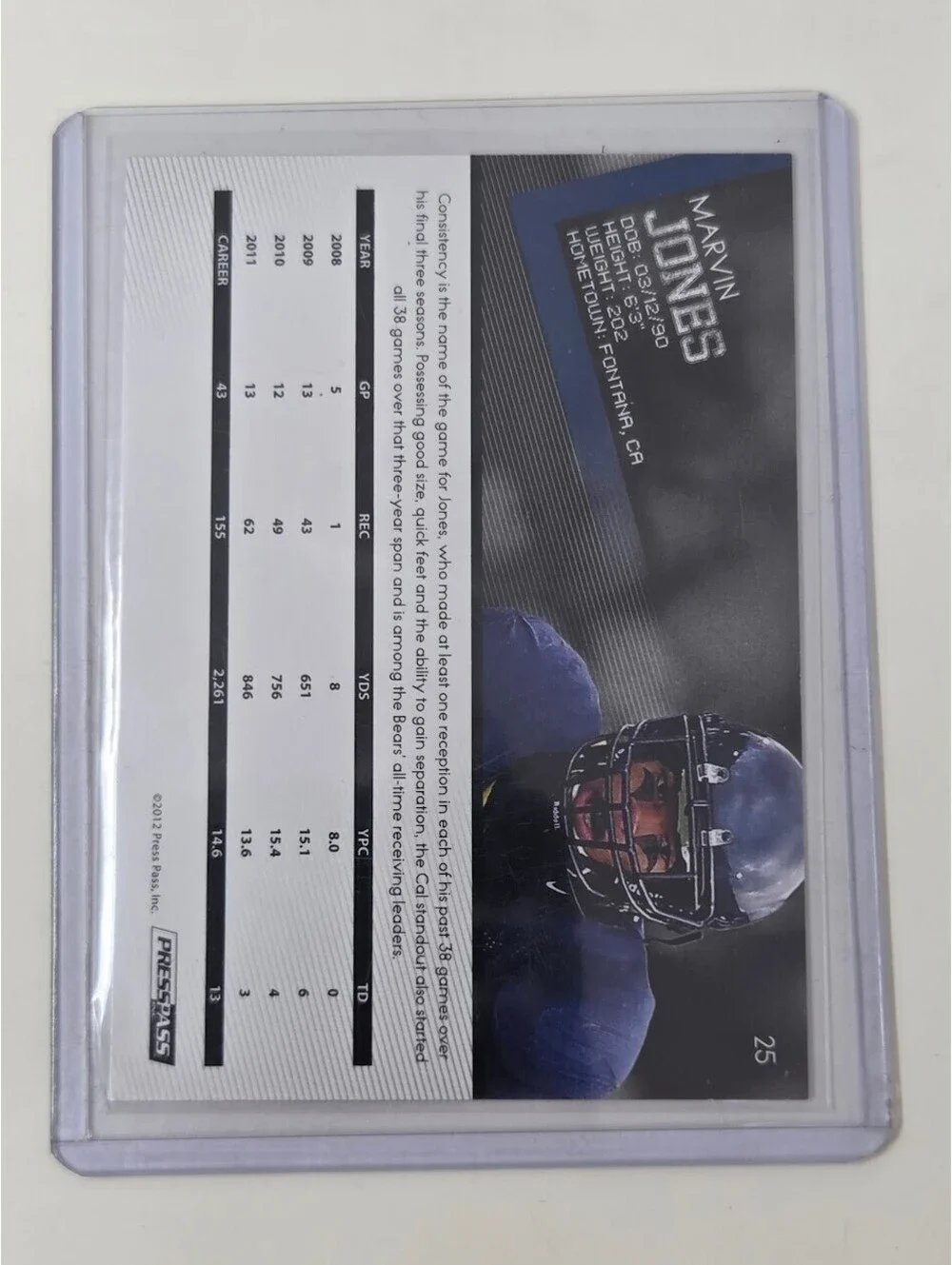 2012 Press Pass Marvin Jones Signed Football Card Wide Receiver Auto